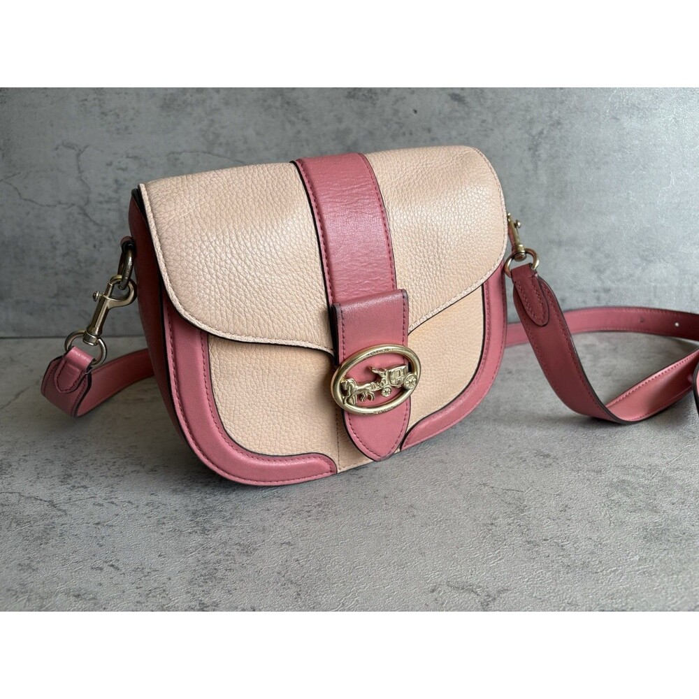 Coach C3596 Georgie Saddle Bag Color block Crossbody Leather Faded Blush/Taffy
